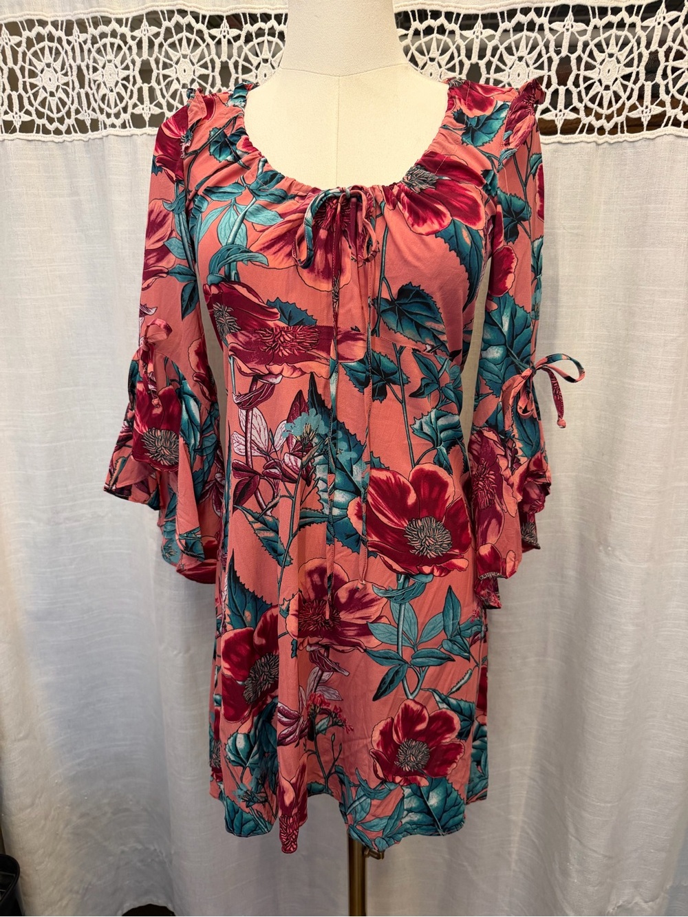 For Love And Lemons Coral Floral Mini Dress with Teal & Burgundy Print